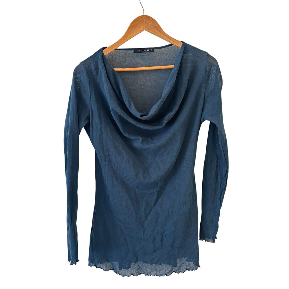 Cut Loose Cowl Neck Tunic Top Womens M Blue Mesh Knit Lettuce Hem Lagenlook